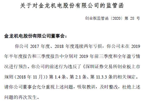金龙机电(300032)收监管函 连续两年亏损后未进行业绩预告
